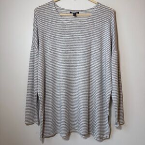 Eileen Fisher Striped Long Sleeve Top grey white loose fit side slits